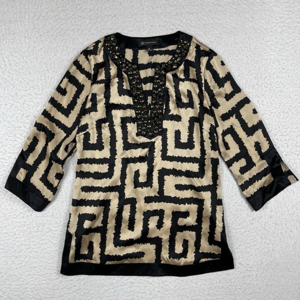 INC Silk Tunic Blouse Womens 8 Black Champagne Beaded Geometric Maze Print